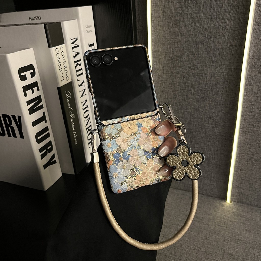 Casing Ponsel Bunga Kuning Biru Korea dengan Tali Kulit Liontin Bunga untuk Samsung Galaxy Z Flip 7 