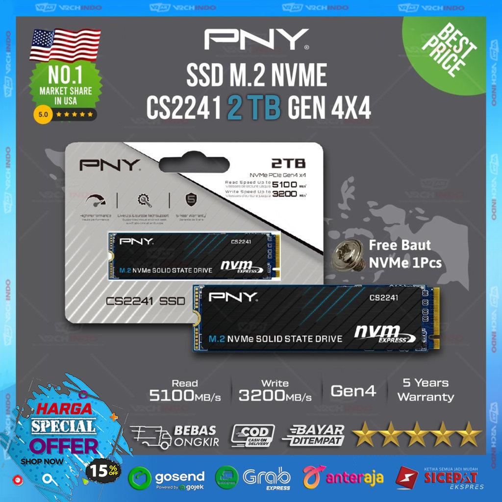 SSD NVMe M2 1TB PNY CS2241 - SSD NVME M.2 1 TB PNY CS-2241 PCIe Gen4 X4 Top Brand USA 