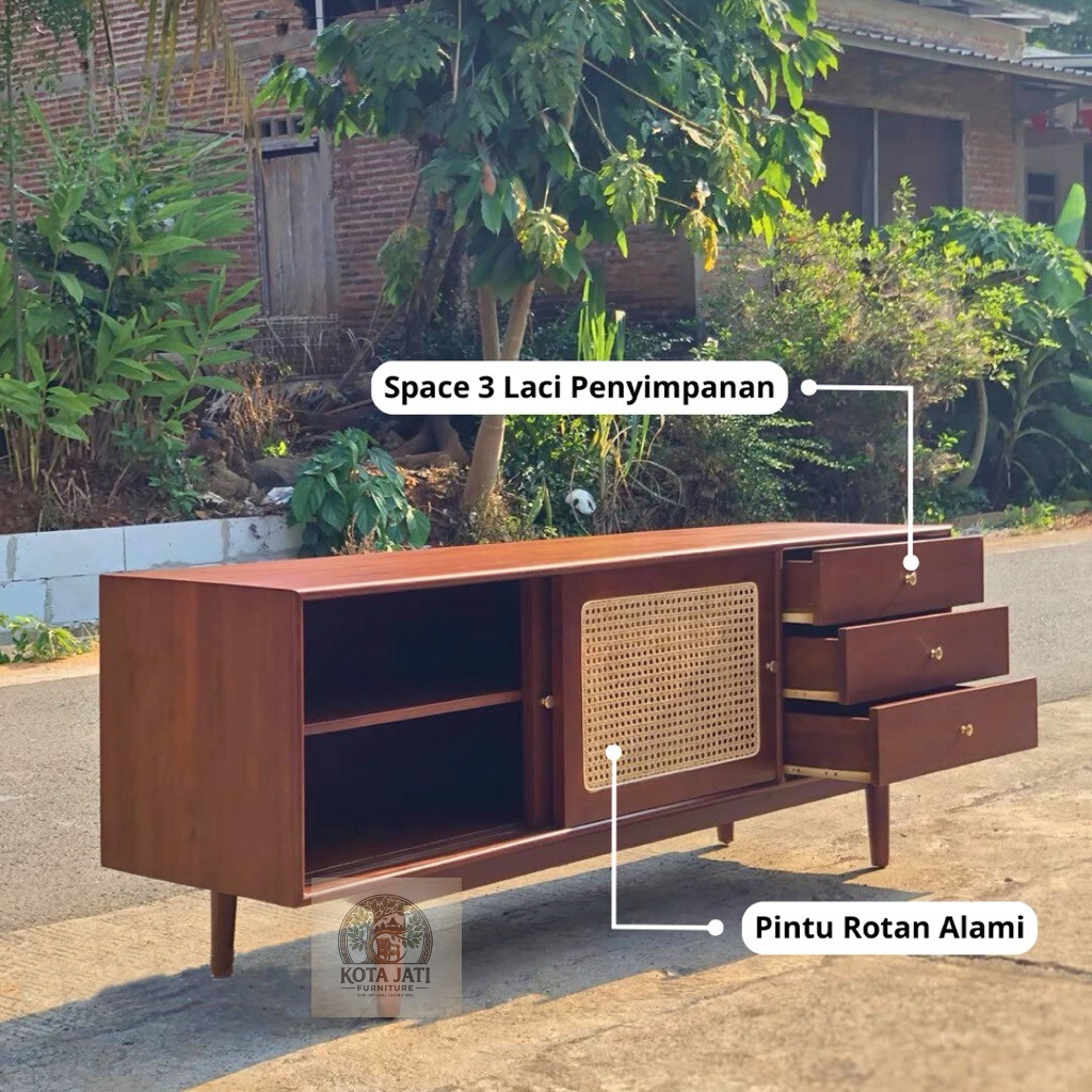 Buffet Kayu Jati Kombinasi Rotan – Meja Hias Credenza Minimalis Modern Elegan untuk Ruang Tamu kayu 