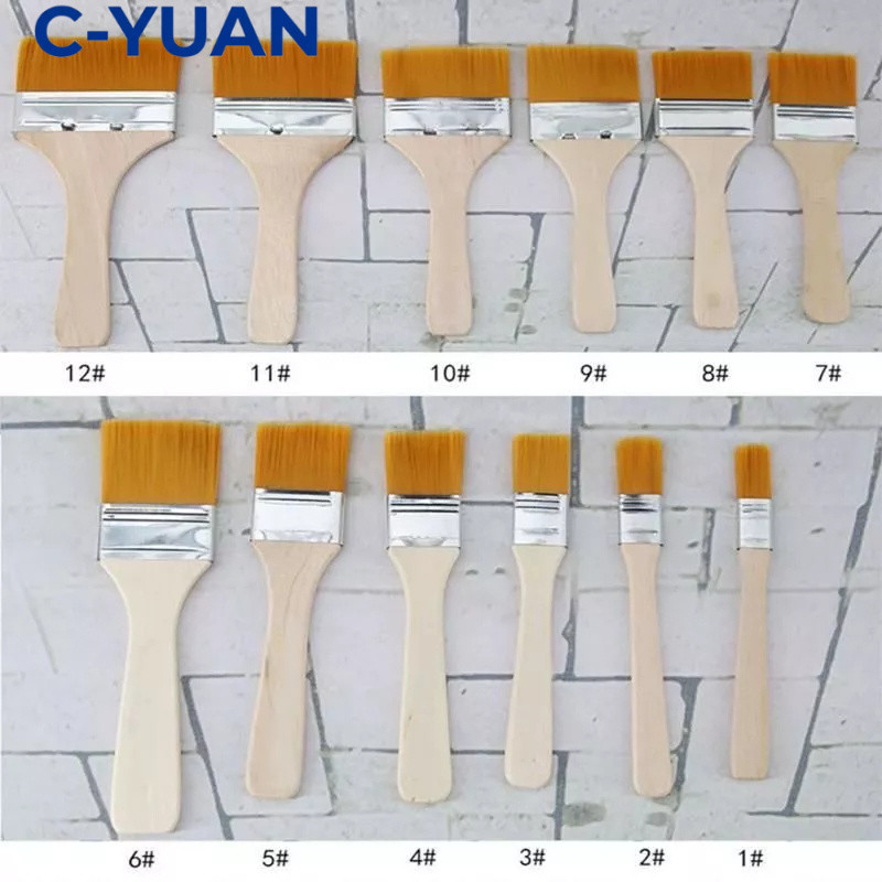 CYUAN 12Buah Kuas Lukis Lebar Gagang Kayu Kuas Lukis Bali Artist Kuas Cat Tebal Halus Nylon Flat Pai