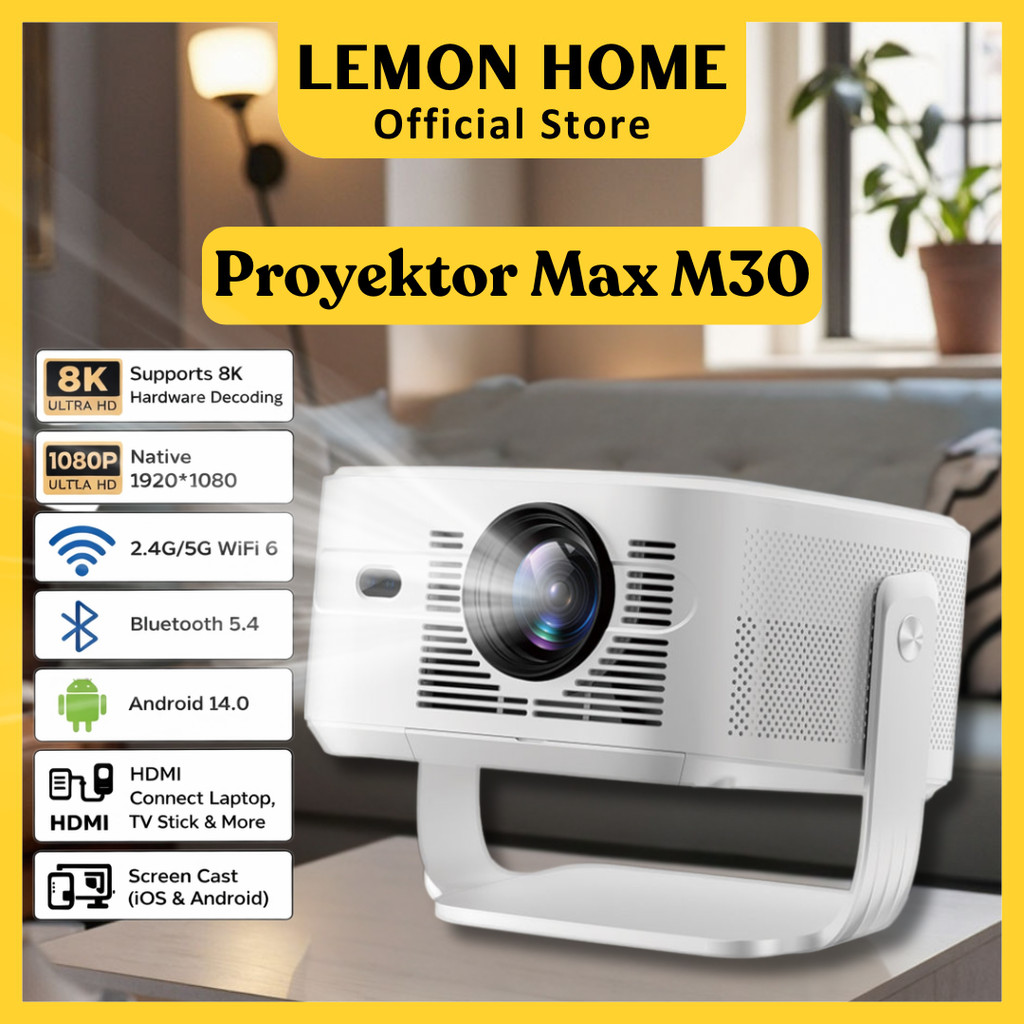 Lemon Home [Garansi 1 Tahun] Smart Proyektor Zenisky Mini MAX M30 LCD - Android 14 - FHD 1080P Suppo
