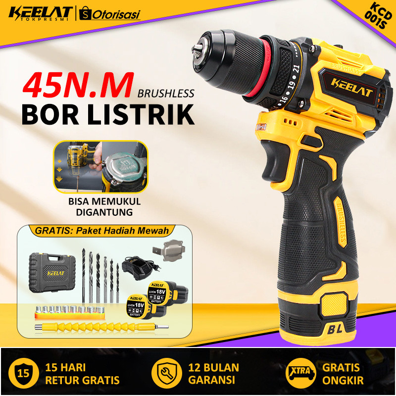 KEELAT KCD001S 45NM Brushless Bor Listrik 18V Bor Baterai Drill  Screw Driver Portable Electric Dril