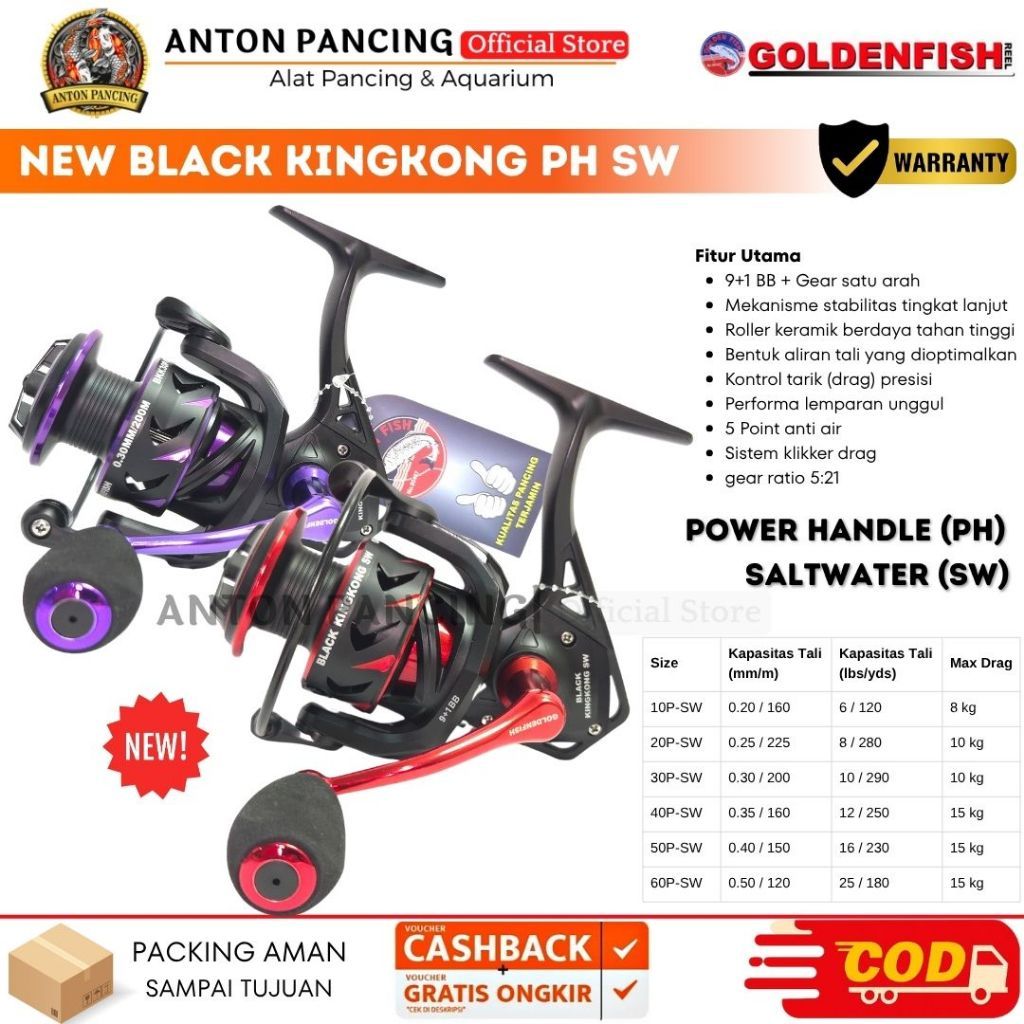 Reel Golden Fish Black Kingkong SW PH 2000 3000 4000 5000 6000 Anti Air Laut ,Power Handle