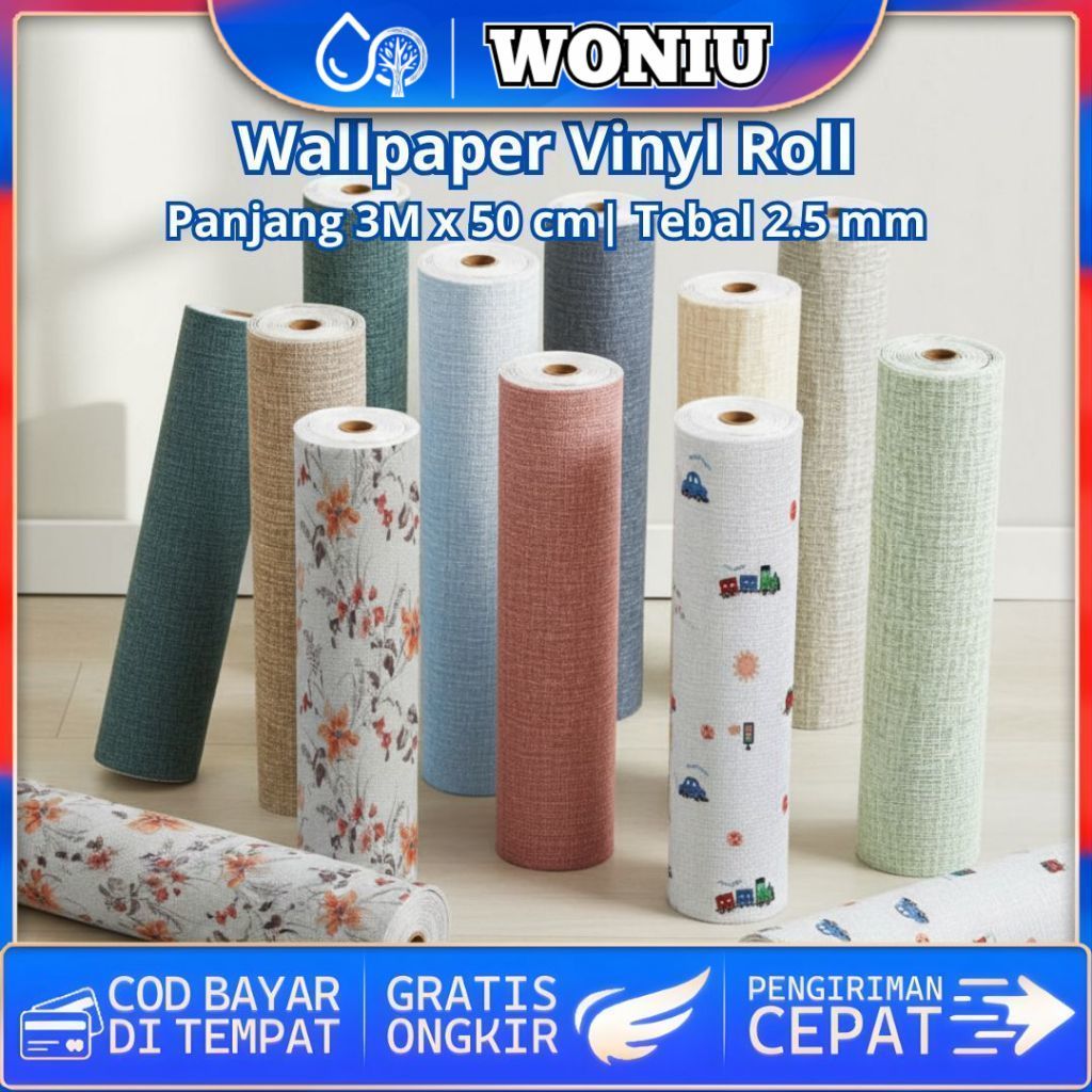 COD - Wallpaper Linen Roll 3D Sederhana Wallpaper Dinding Sticker Dinding 50CM*300CM