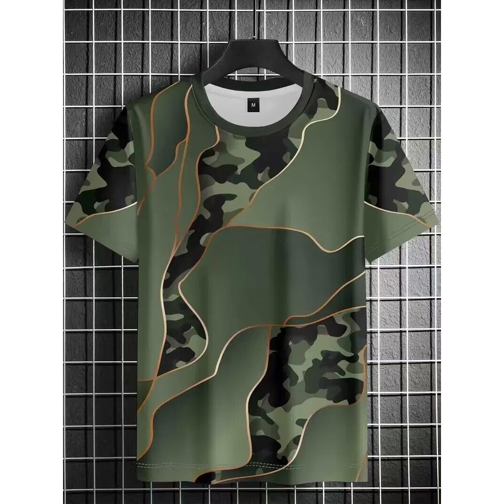 Pria berkualitas tinggi3D Leher bulat bermotif cetak T Baju Kaos Kaos Lengan Pendek Kamuflase Unik