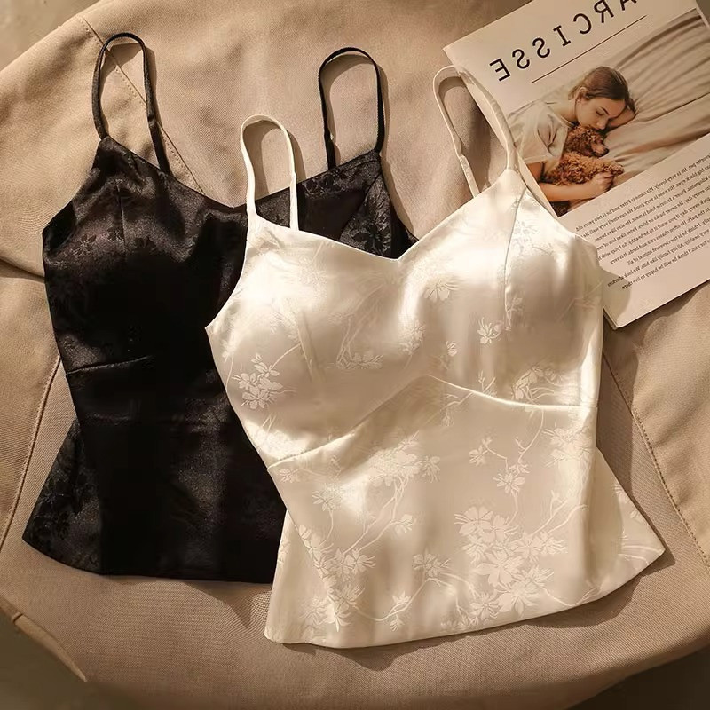 Mode Vogue Kamisol satin bermotif gaya Prancis dengan tali bra dan bra berbusa untuk wanita