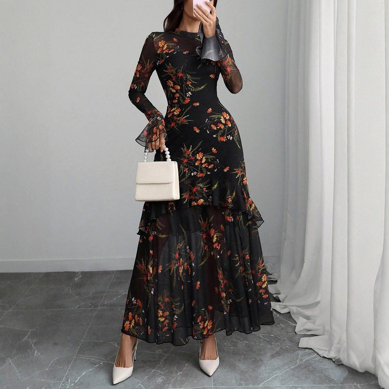 [CHIC HOUR] Gaun bunga jala hitam wanita elegan flute elegan lengan panjang gaun malam Prancis gaun