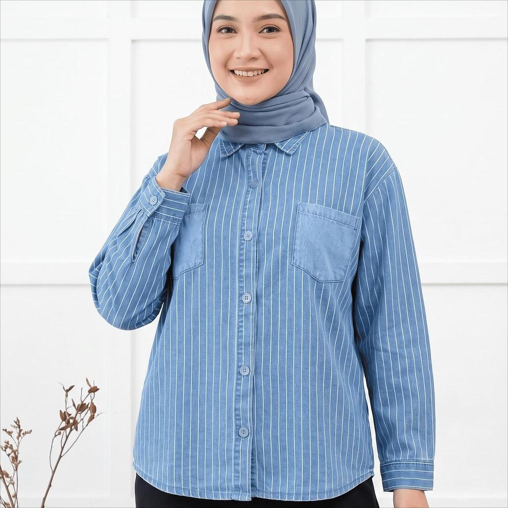 GABRIEL| Kemeja Jeans Striped Garis Oversized Wanita Import Atasan Denim Lengan Panjang Korea