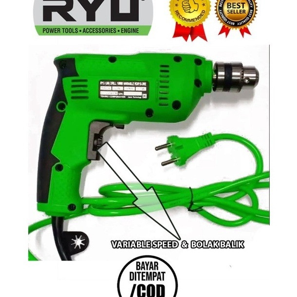 Ryu Mesin Bor Tangan Listrik 10mm Bolak Balik Variabel Speed RDR10-3RE Free 1 Set Areng Carbon Brush