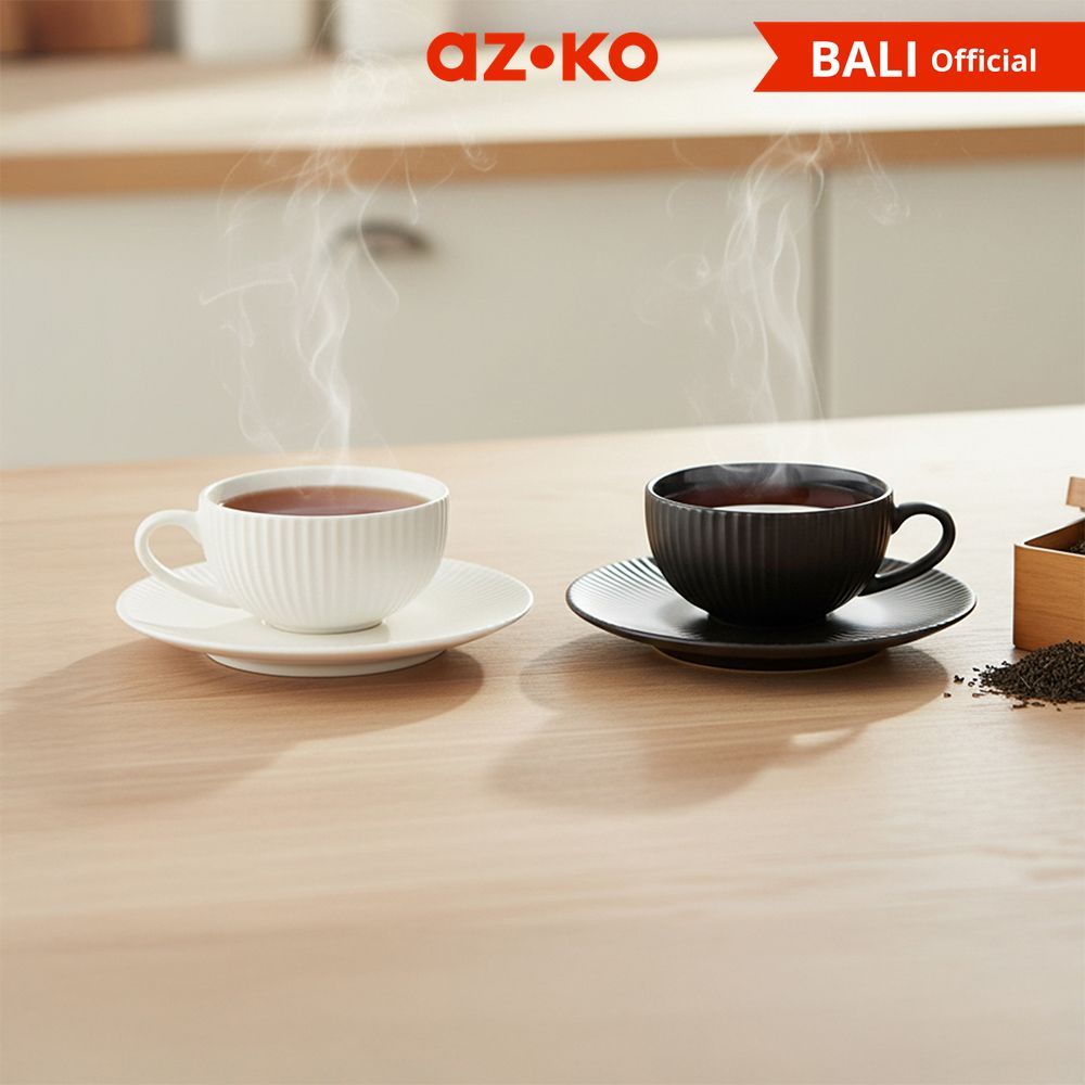 AZKO Delicia Striplet Cangkir Keramik Bone China Dengan Saucer 220 ml Set 2 Pcs - Hitam/Putih Gelas 