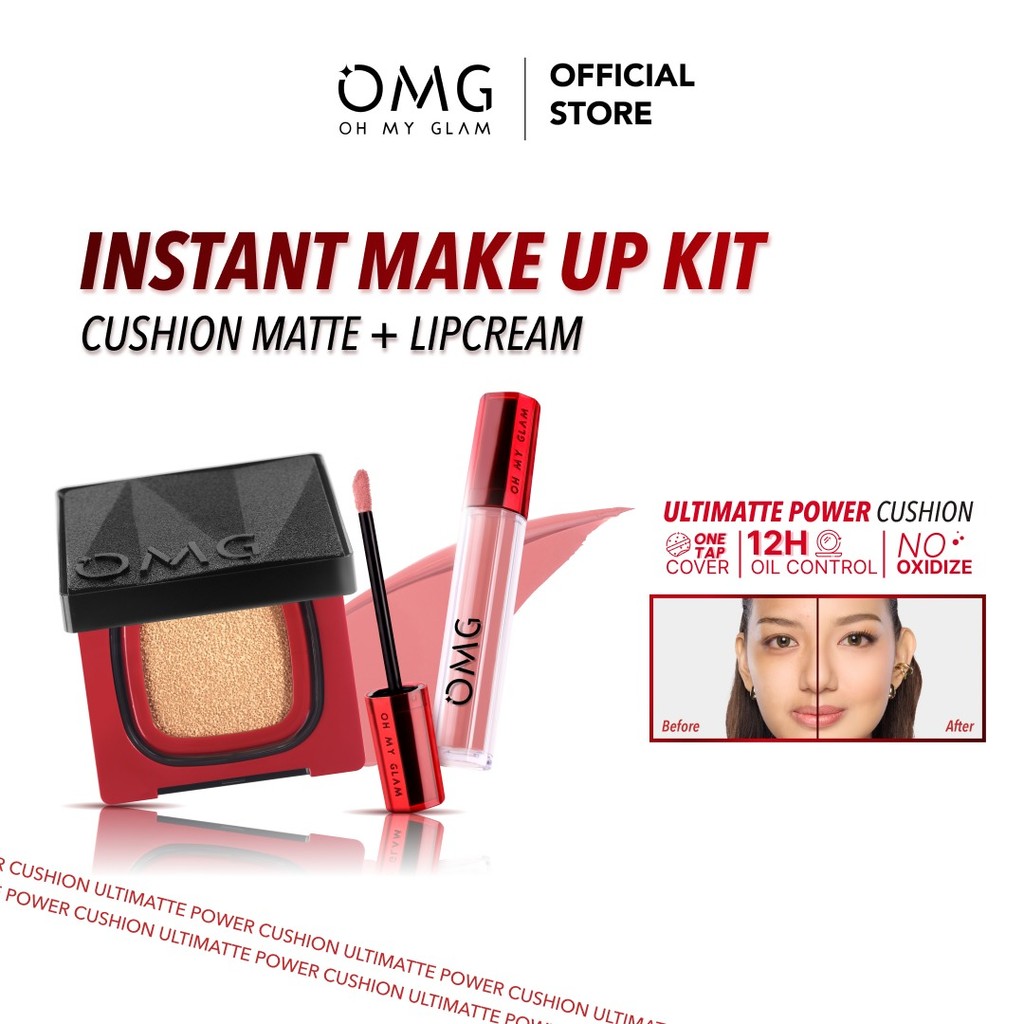 OMG Instant Makeup Kit – Cushion Matte  & Lip Cream | Full Coverage, Tahan Lama 12H, Lightweight, No