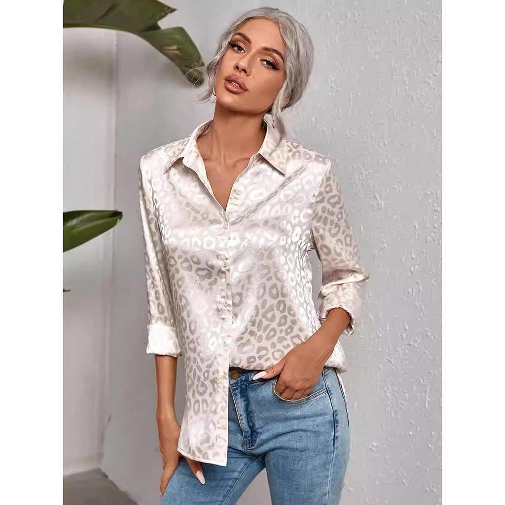 99029 Kemeja wanita satin enam warna, motif macan tutul tiga dimensi, atasan panjang Muslim longgar,
