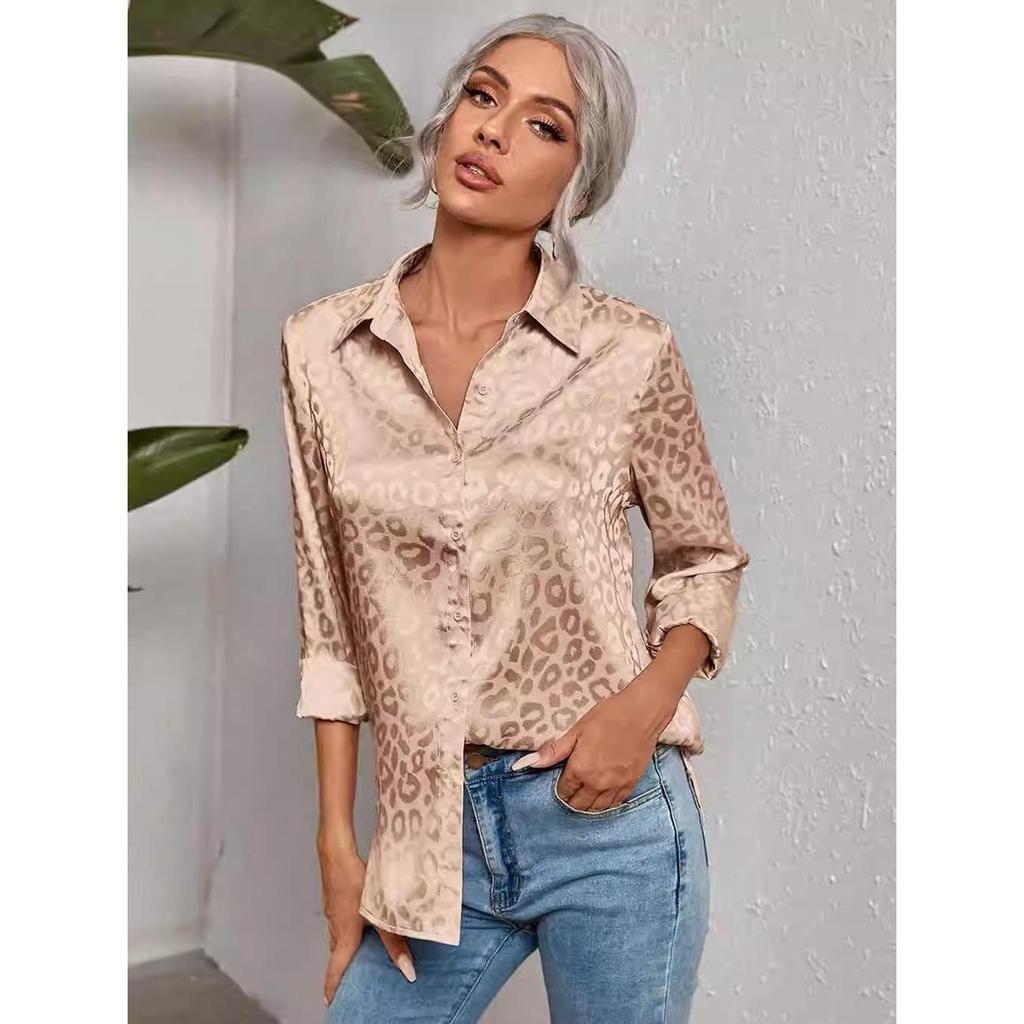 99029 Kemeja wanita satin enam warna, motif macan tutul tiga dimensi, atasan panjang Muslim longgar,