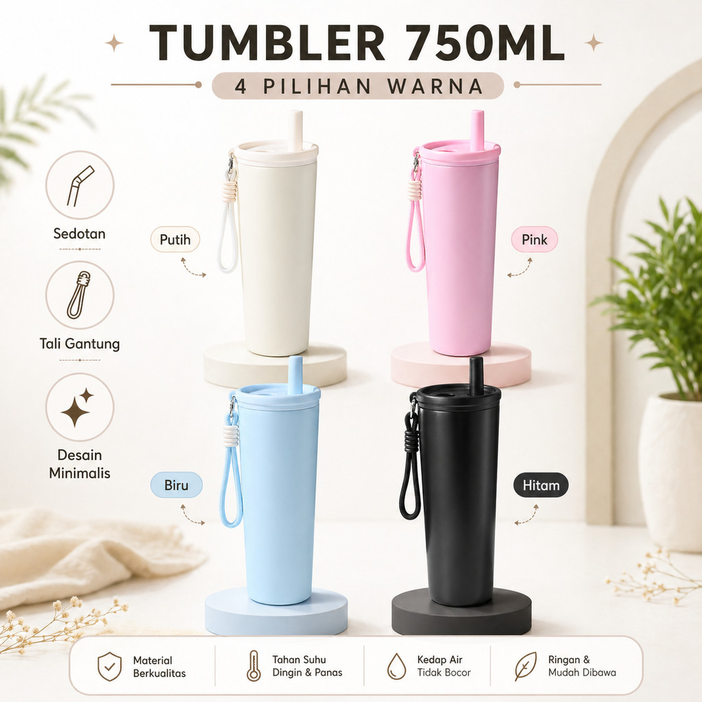 FF NEW ITEM Tumbler Stainless 750ml dengan Sedotan & Tali Gantungan /  Warna Cerah / Lucu HL-TB011