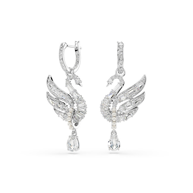 Swarovski - Swan earrings, Swan, White, Rhodium plated