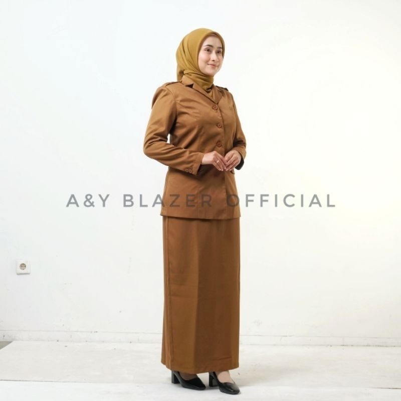[011]  KERAH JAS POLOS  A&Y Blazer Baju Seragam Pemda PDH Wanita warna Khaki Tua Terbaru | SEMIWOL |