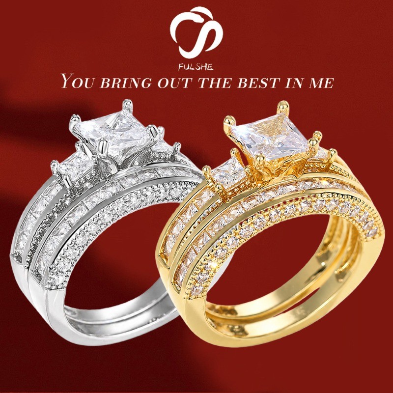 FULSHE Cincin Pasangan Bertabur Berlian Yang Indah Cincin Set Berlian Asli Berlapis Emas Wanita