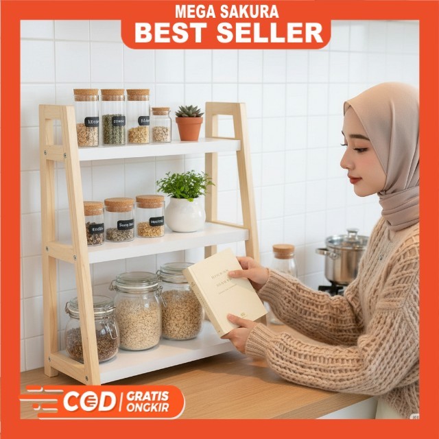 Rak Bumbu Dapur Kayu 3 Susun Minimalis - Rak Meja Dapur Hemat Ruang