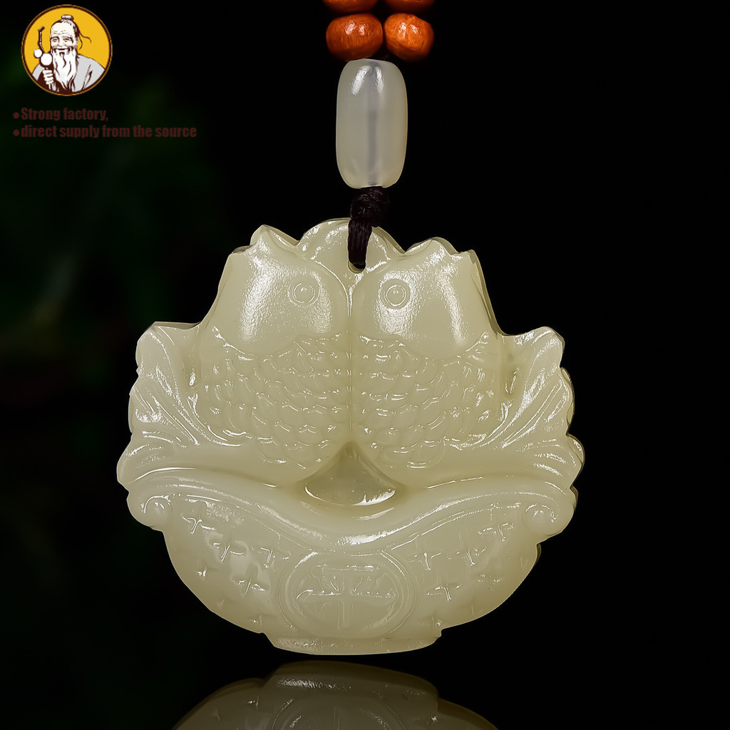 (dengan sertifikat) Bahan mulut kuning giok Hetian, Pisces bermain liontin manik-manik, besar 43 * 4