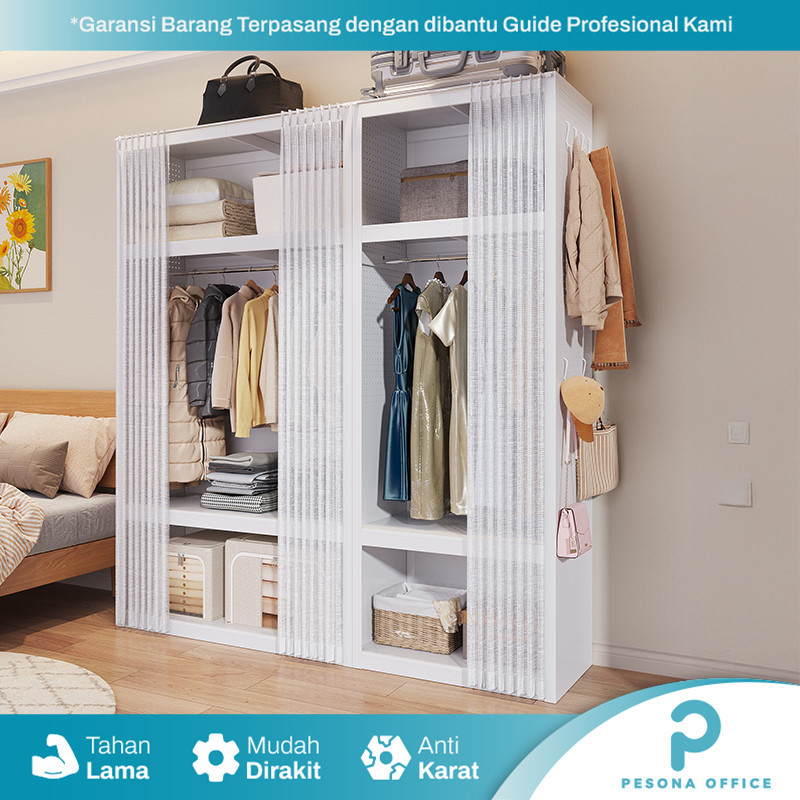 Lemari Pakaian Besi Gantungan dan Tirai Lemari Baju Gorden Geser Storage Rack Wardrobe Lemari Baju