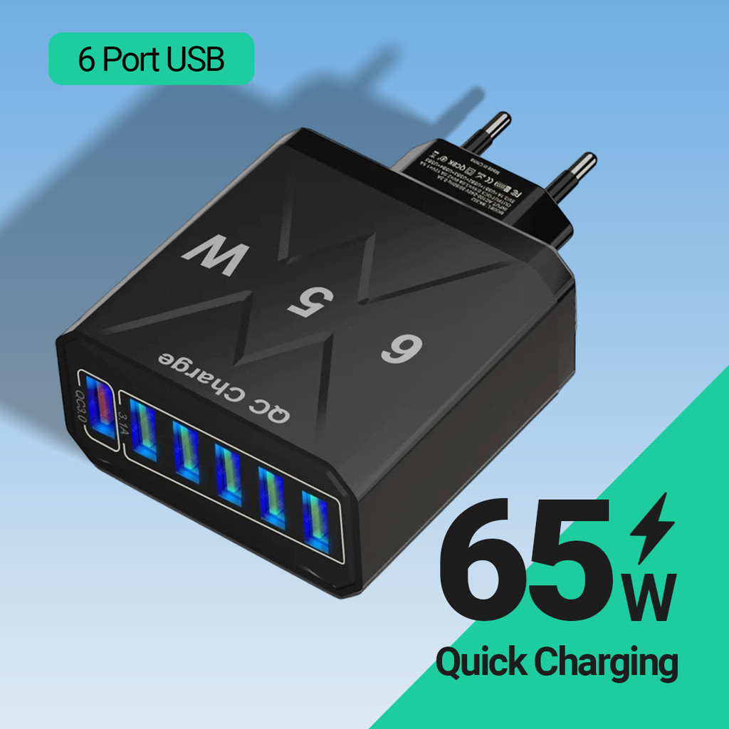 Kepala Charger 65W Multi Port Fast Charging QC 3.0 Adaptor 3 USB Port