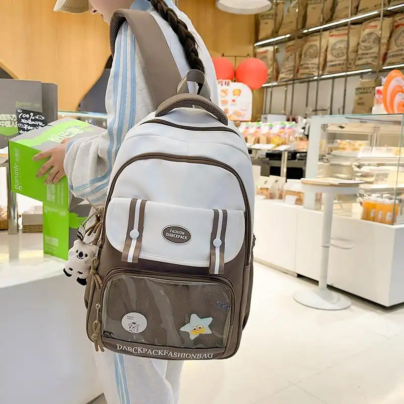Tas Ransel Anak Perempuan Warna Putih Coklat Lucu dengan Kantong Transparan Kapasitas Besar Anti Air