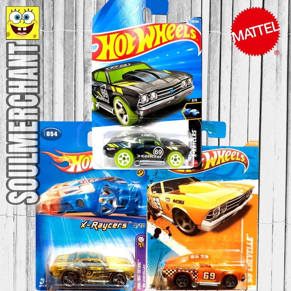 HOTWHEELS 69 CHEVELLE KUNING ORANGE CHROME HIJAU MERAH BIRU X-RAYCERS TOONED TRACK STARS