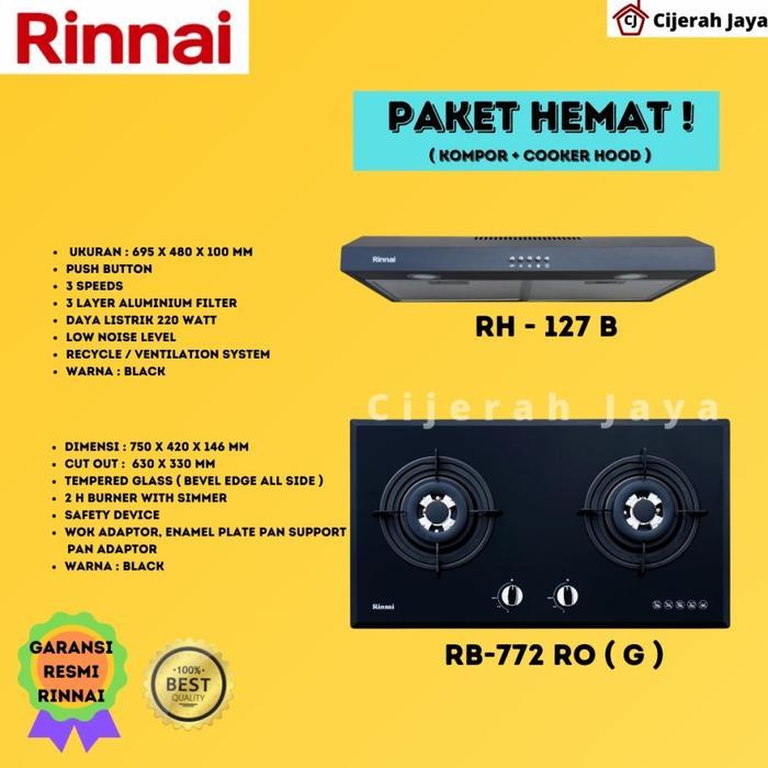 RINNAI PAKET KOMPOR GAS TANAM 2 TUNGKU RB 772ROG + COOKER HOOD RH 127B