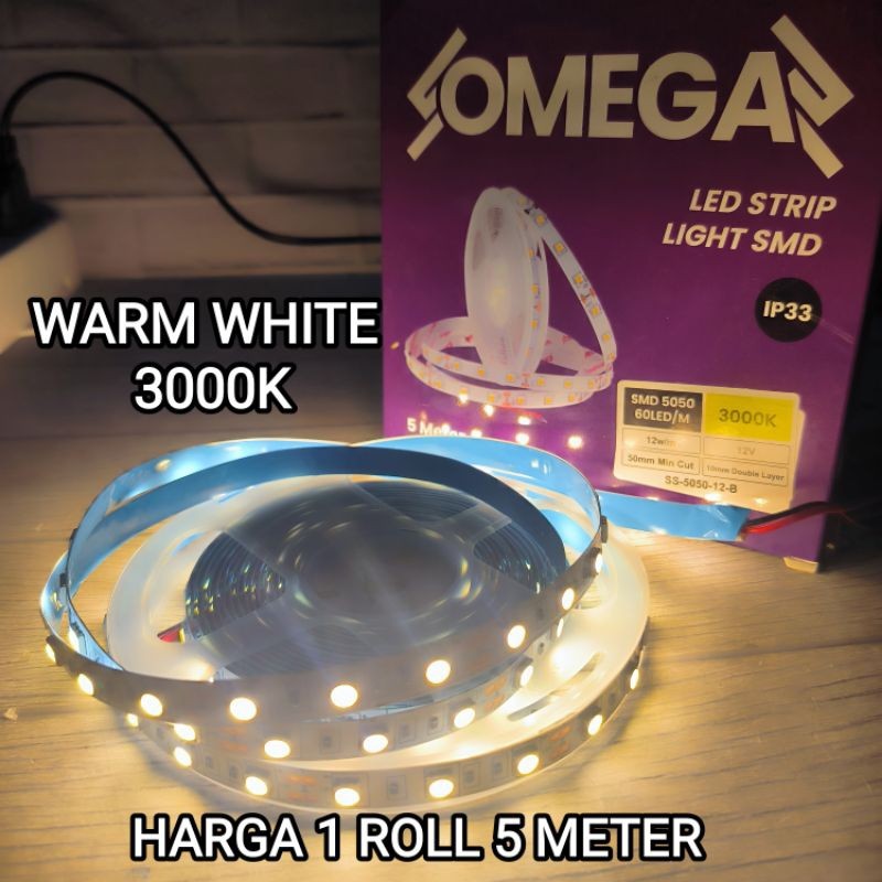 OMEGA LAMPU LED STRIP 5050 DC 12V / LED STRIP 5050 5M WARM WHITE 3000K 12 VOLT Kualitas Oke