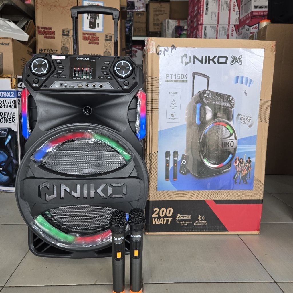 SPEAKER TROLLEY NIKO PT1504 DENGAN 2 MIC WIRELESS 200 WATT TERBARU