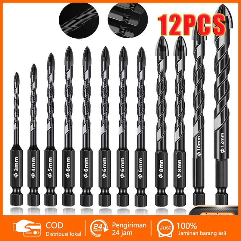 WOKER.ID 3-12mm Mata Bor Cross Hex 12pcs Kaca Granit Ubin Multifungsi Beton Mata Bor Beton Keramik K