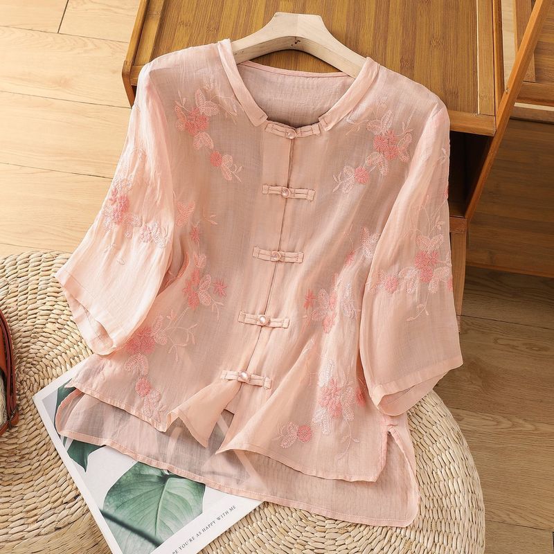 Vintage Cina buckle kapas hemp kaos wanita musim panas high-end temperamen bordir kapas hemp top