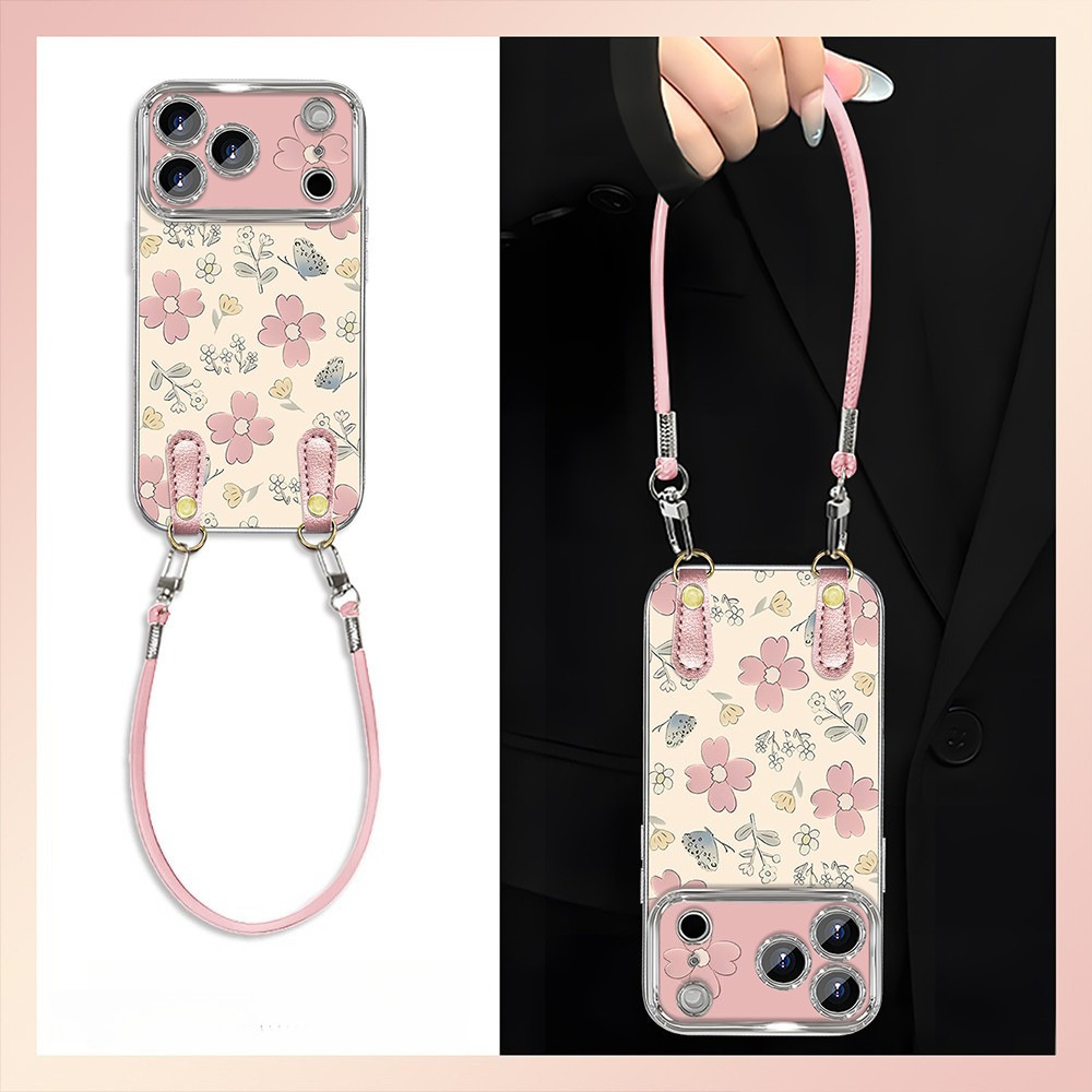 Casing ponsel dengan dasar putih susu dan motif kupu-kupu bunga berwarna merah muda, Cocok untuk iPh