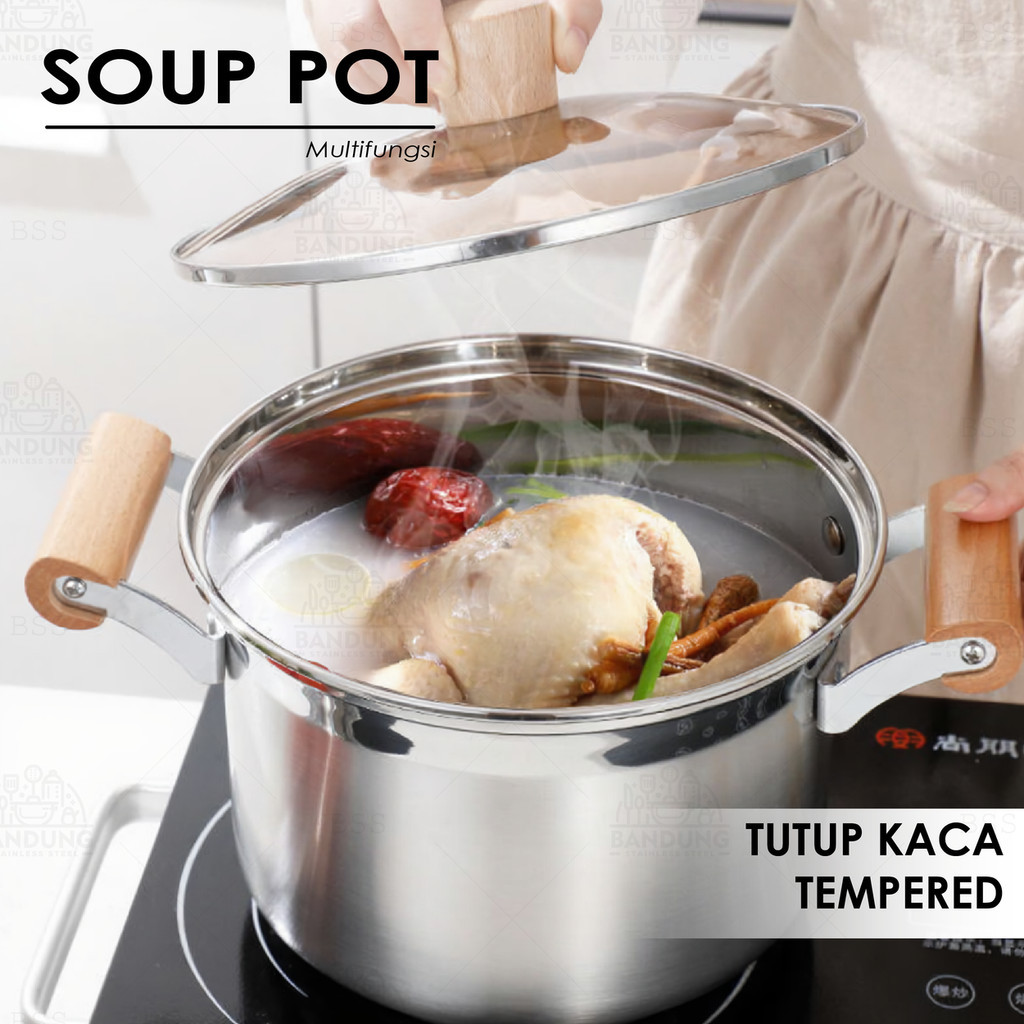 Panci Sup Tinggi Stainless  Steel Tebal Tutup Kaca Knop Gagang Kayu  Anti Panas 22cm 24cm 26cm 28cmR