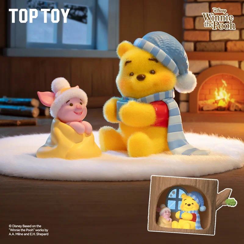 Genuine sney Winnie The Pooh Wood Tree House Series Flocking Blind Box Kawaii Desktop Ornament Trend
