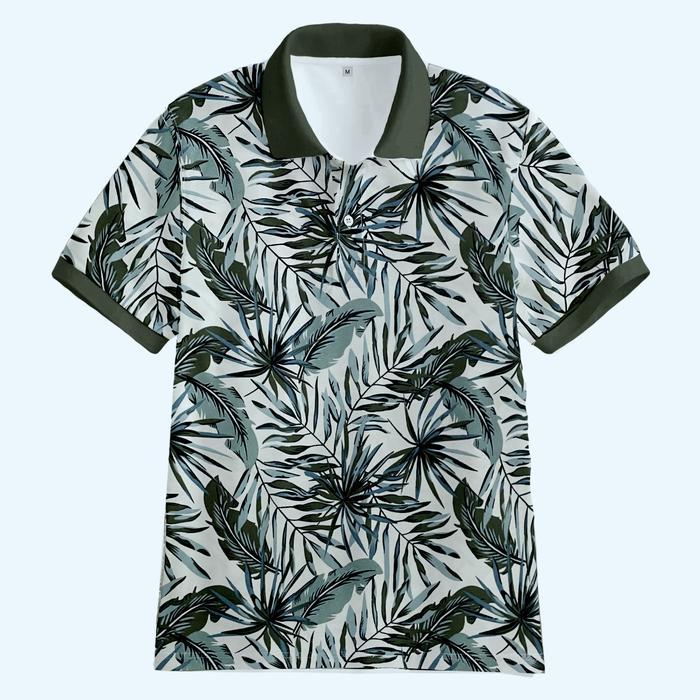 Kaos Polo Shirt Pria Bermotif Daun Tropis Lengan Manset / Polo Shirts Distro  Printing - PUTIH DAUN,