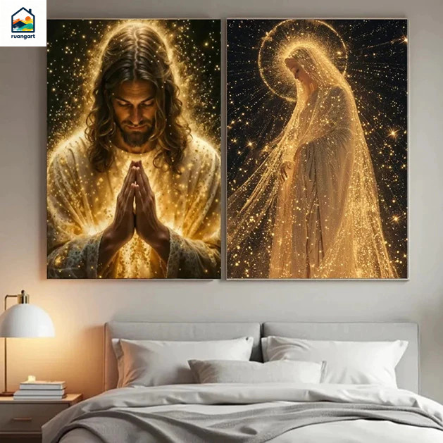 Hiasan Dinding Kamar Tidur Gaya Suci - Yesus Dan Maria Dengan Daun Emas Untuk Hiasan Dinding Kepala 