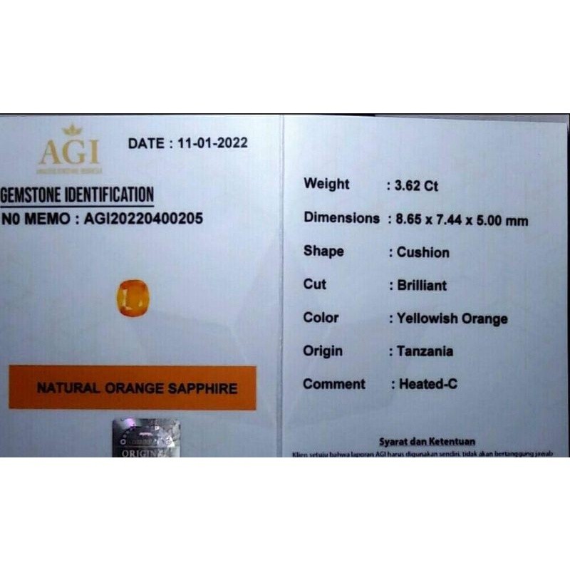 NATURAL ORANGE SAPPHIRE CORUNDUM MEMO AGI GEMS LAB