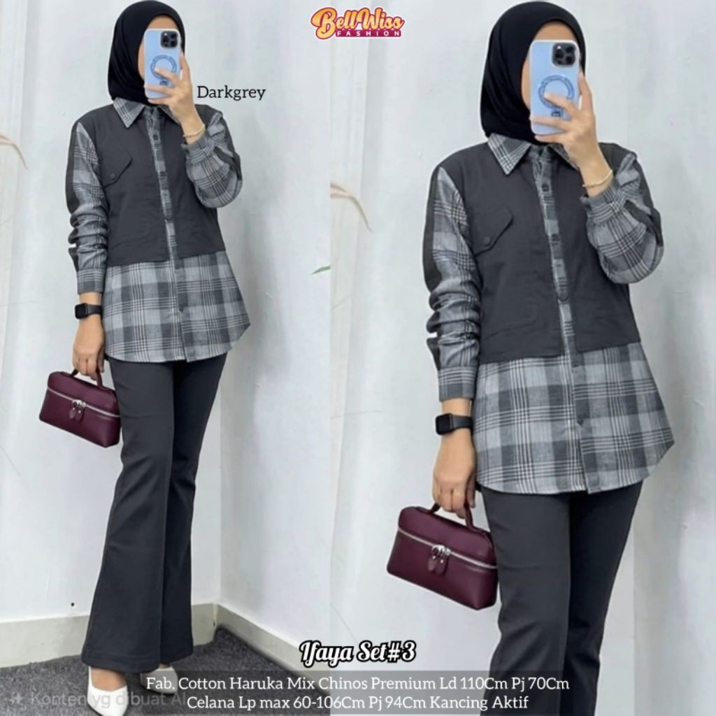 Ifaya Set#3 Setelan Wanita Trendy Kemeja Dan Celana Panjang Katun Haruka Mix Chinos Premium Ld 110cm