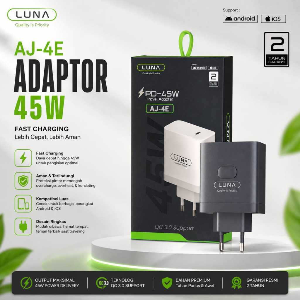 LUNA AJ-4E Adapter Charger PD 45W Fast Charging QC 3.0 Type C Original