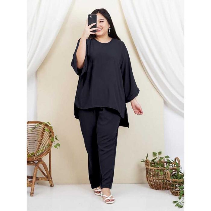 one set crinkle  wanita jumbo/setelan wanita jumbo ld 120 cm-140cm - set crinkle Hitam, 5XL LD 140CM