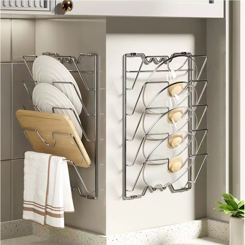 Rak Gantung Dinding Multi-Layer dari Kawat Besi untuk Papan Pemotong Dapur dan Tutup Panci, Gaya Jep
