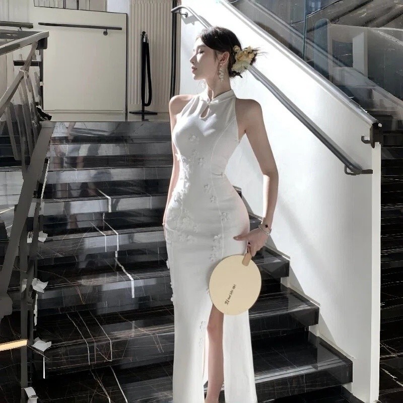 Dress Cheongsam Wanita Putih Slim Fit Halter Maxi Gaya Cina Elegan Mesh Patchwork Party Dress