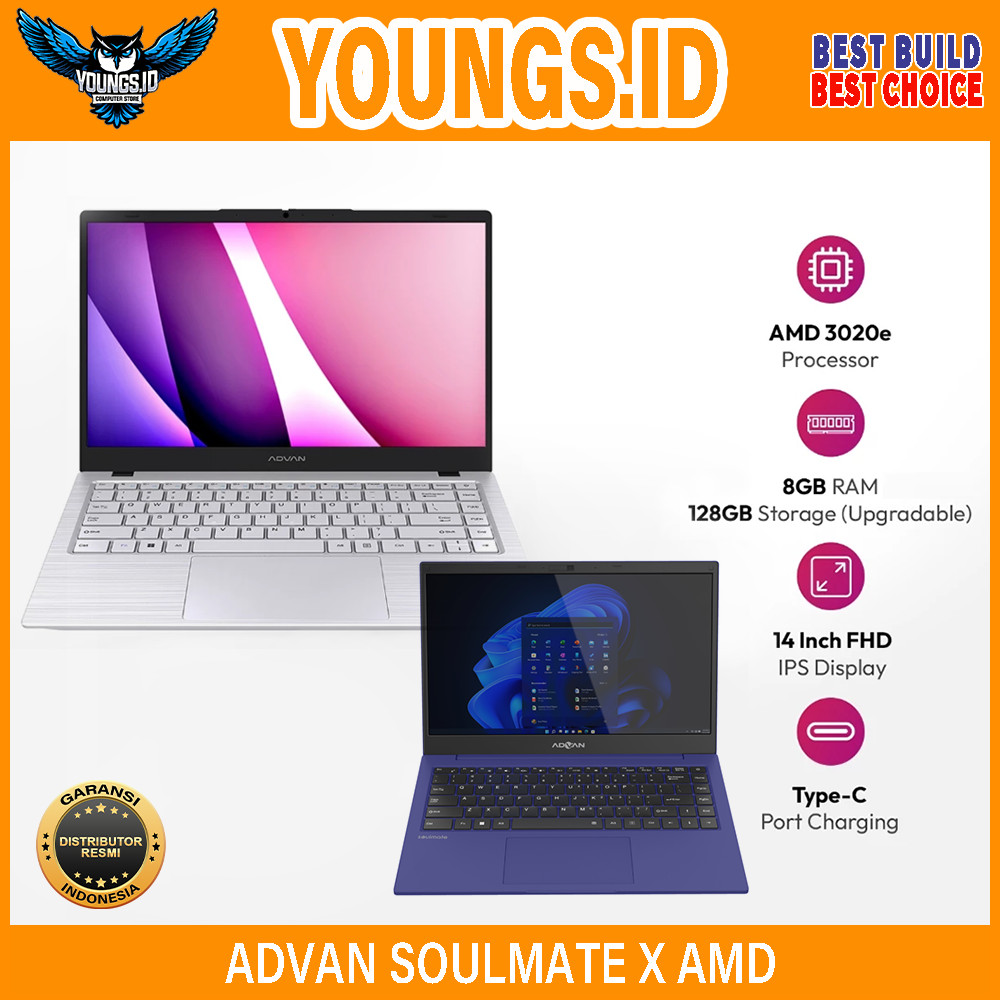 Laptop ADVAN SOULMATE X AMD 8GB 128GB Type-C 14" IPS FHD Dual Speaker / Midnight Blue / White Notebo