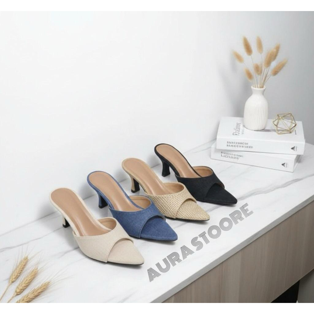 Aura 09 Sendal Selop Heels Wanita Kekinian Hak 7 Cm