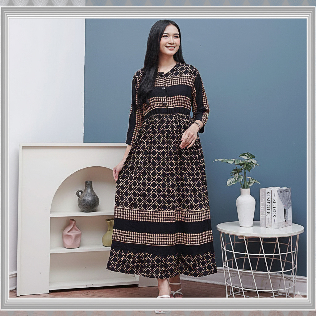 Terlaris Midi Dress Daster Wanita Rayon Premium Lengan Panjang Kerut Dada Busui Kekinian Termurah