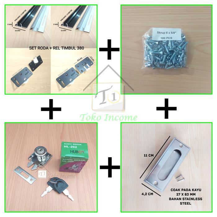 Set Roda PLUS Rel Timbul 380 Pintu Lemari Sliding / Geser ( 1,5 Mtr ) - SILVER, SET REL + RODA