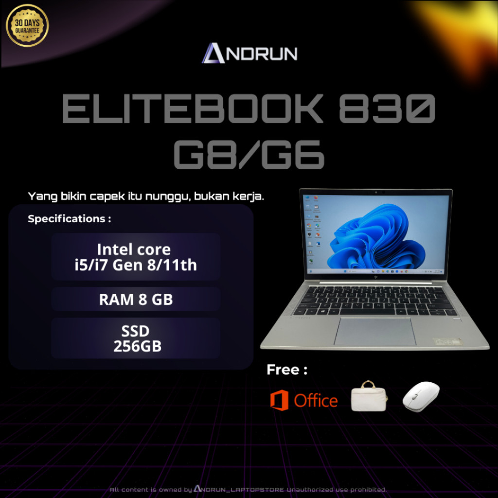LAPTOP SEKEN HP ELITEBOOK 830 G6/G8 || CORE i5/i7 GEN 8th/11th || RAM 8GB SSD 256GB