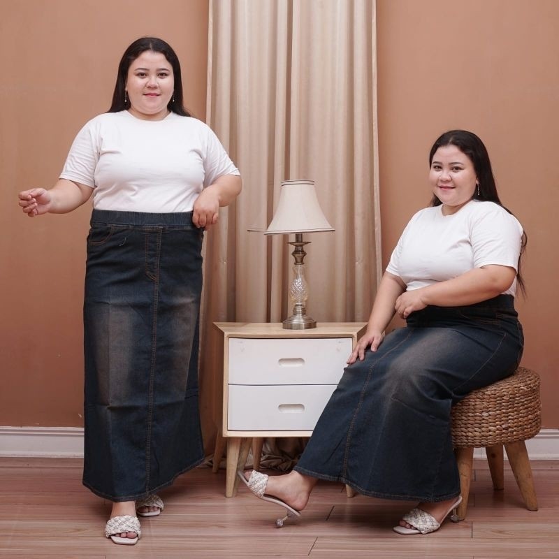 rok jeans panjang jumbo / rok panjang wanita pinggang full karet / rok span A-line panjang muat BB 4
