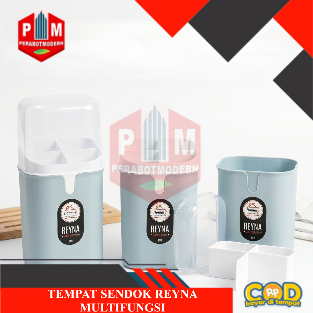 Tempat Sendok Reyna / Tempat Sendok Besar / Tempat Sendok Tutup Transparan 4 Sekat  Hommy